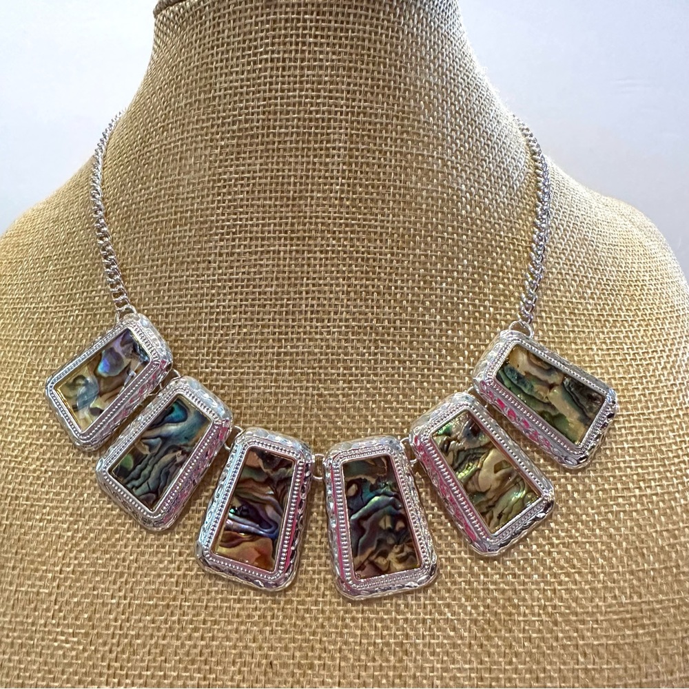 New Chico’s Necklace silver collar w/ 6 faux abalone rectangular piece pendant